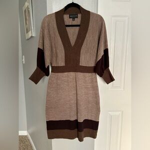 Connected Apparel Two-Tone Brown V-Neck Sweater Dress Size L Cozy Fall
